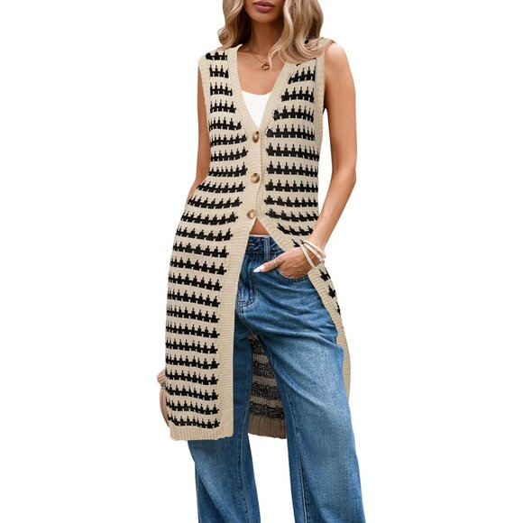 Women's White And Khaki Summer Crochet Sleeveless Knit Cardigan